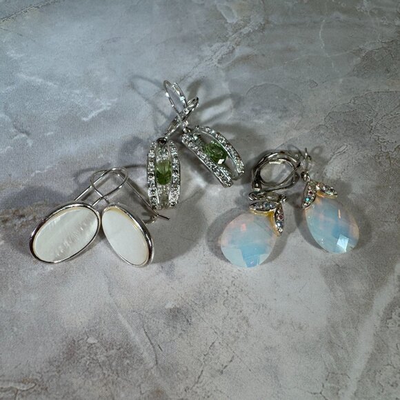 Vintage Avon Silver Tone Assorted Dangle Earrings Set With Rhinestones & Shell - Picture 1 of 5